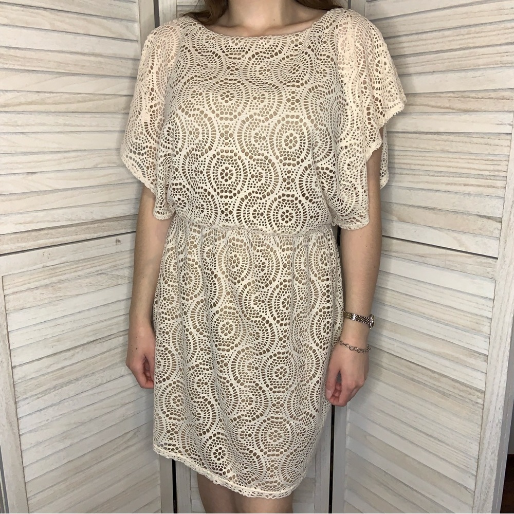 Emma & Michele Neutral Cream Cut Out Crochet Drapey Sleeves Mini Dress Like New
